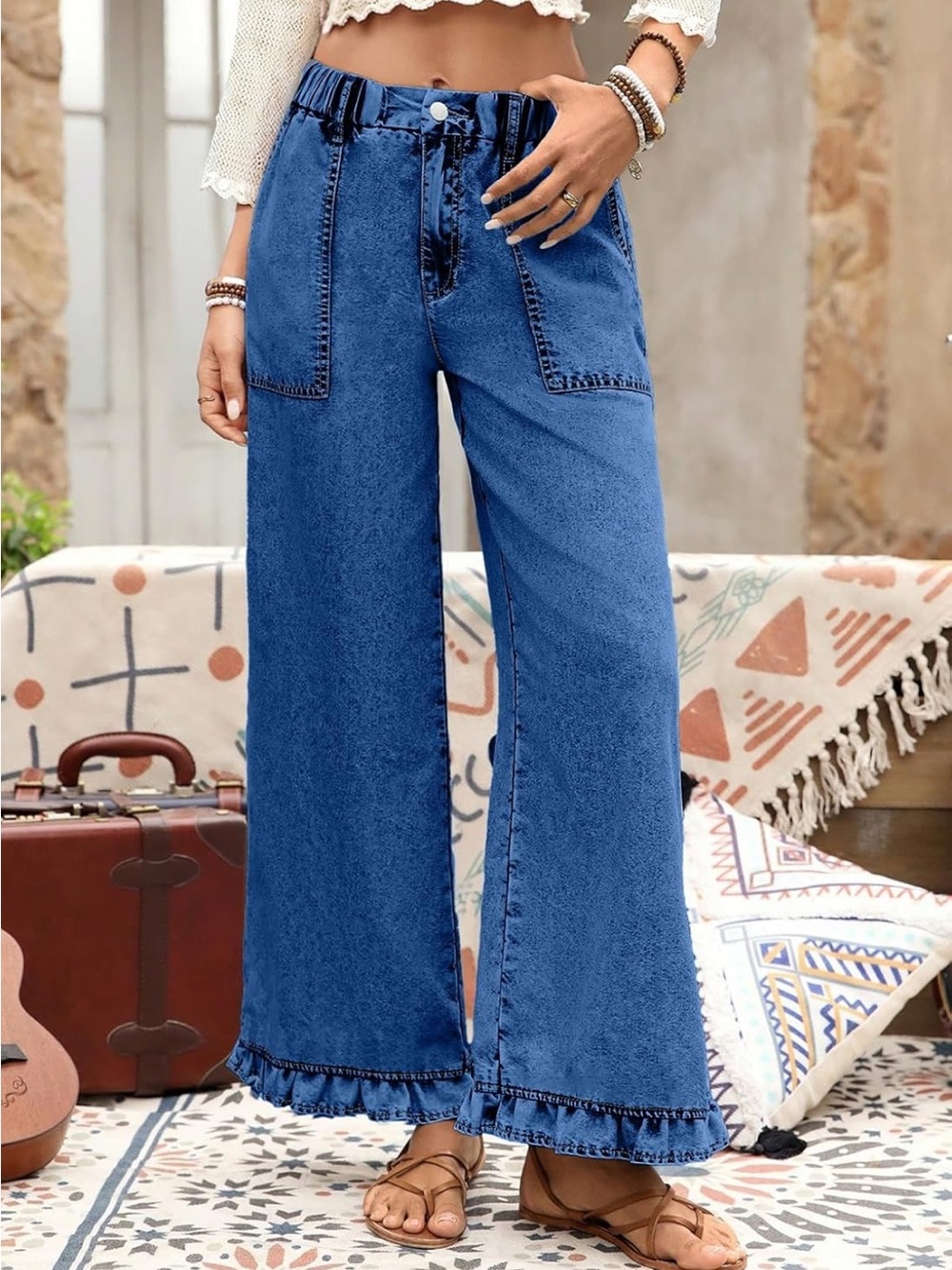 Wide Leg Ruffle Hem Jeans - Picture 3 of 4